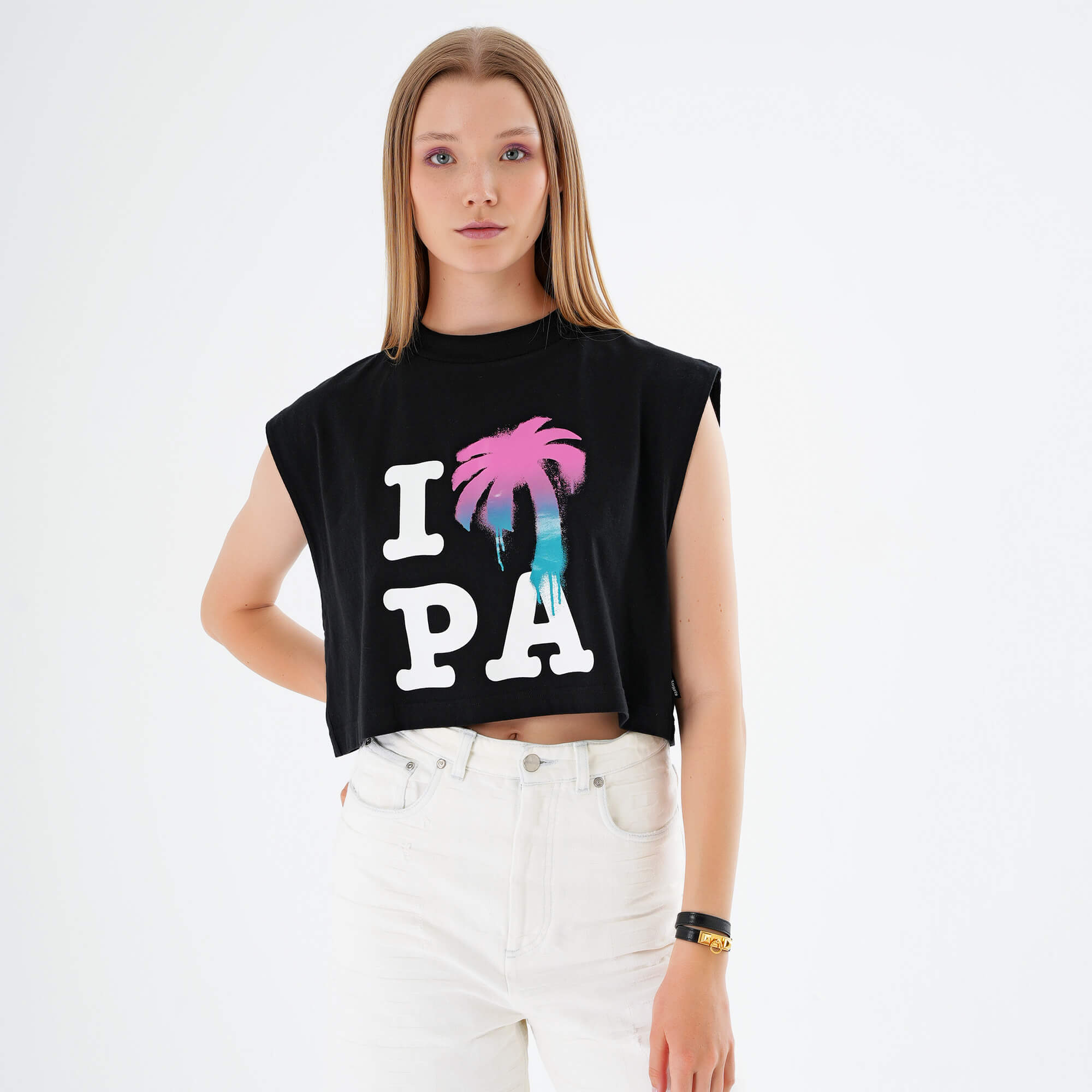 Palm Angels - Black Cropped Printed I Love PA Mescle Tee S